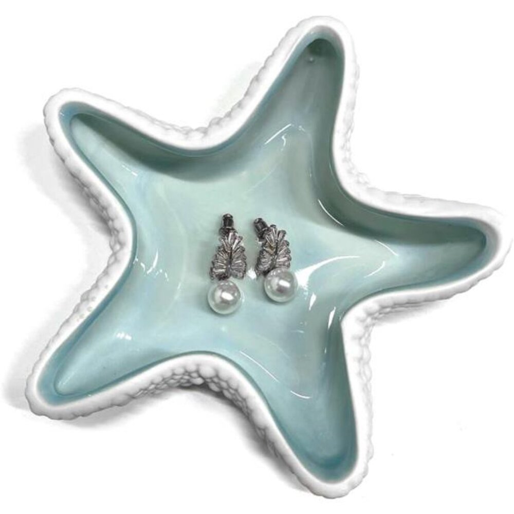 Starfish Shape Ceramic Jewelry Dish Tray, Baby Blue Trinket Dish Ceramic